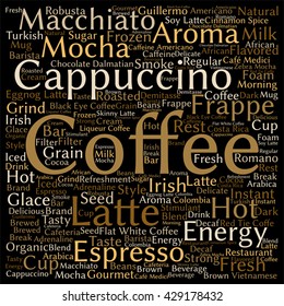 Vector concept conceptual creative hot coffee, cappuccino or espresso square word cloud isolated on background, metaphor to morning, restaurant, italian, beverage, cafeteria, break, energy or taste