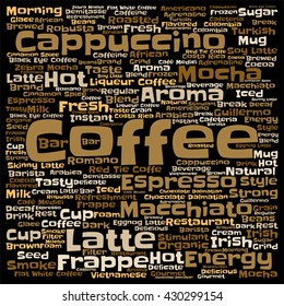 Vector concept conceptual creative hot coffee, cappuccino or espresso square word cloud isolated on background, metaphor to morning, restaurant, italian, beverage, cafeteria, break, energy or taste