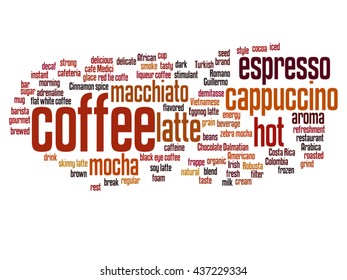 Vector concept conceptual creative hot coffee, cappuccino or espresso abstract word cloud isolated on background, metaphor to morning, restaurant, italian, beverage, cafeteria, break, energy or taste