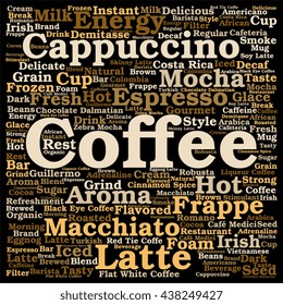 Vector concept conceptual creative hot coffee, cappuccino or espresso square word cloud isolated on background, metaphor to morning, restaurant, italian, beverage, cafeteria, break, energy or taste