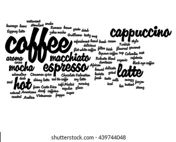 Vector concept conceptual creative hot coffee, cappuccino or espresso abstract word cloud isolated on background, metaphor to morning, restaurant, italian, beverage, cafeteria, break, energy or taste