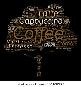Vector concept conceptual creative hot coffee, cappuccino or espresso tree word cloud isolated on background, metaphor to morning, restaurant, italian, beverage, cafeteria, break, energy or taste