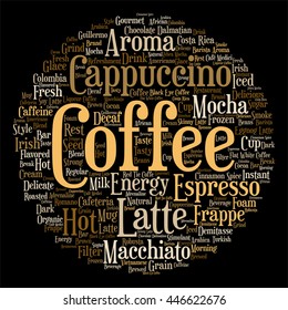 Vector concept conceptual creative hot coffee, cappuccino or espresso round abstract word cloud isolated on background, metaphor to morning, restaurant, italian, beverage, cafeteria break energy taste