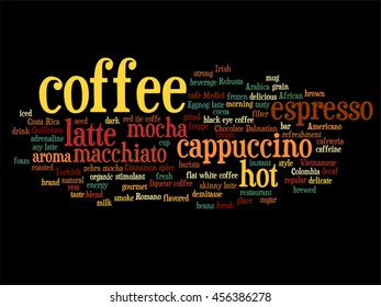 Vector concept conceptual creative hot coffee, cappuccino or espresso abstract word cloud isolated on background metaphor to morning, restaurant, italian, beverage, cafeteria, break, energy or taste