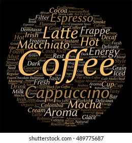 Vector concept conceptual creative hot coffee, cappuccino or espresso round abstract word cloud isolated on background, metaphor to morning, restaurant, italian, beverage, cafeteria break energy taste