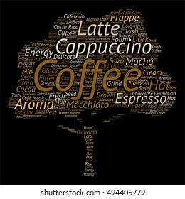 Vector concept conceptual creative hot coffee, cappuccino espresso abstract tree  word cloud isolated on background metaphor to morning, restaurant, italian, beverage, cafeteria, break, energy taste