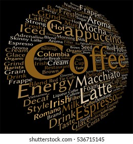 Vector concept conceptual creative hot coffee, cappuccino or espresso abstract word cloud isolated on background, metaphor to morning, restaurant, italian, beverage, cafeteria, break, energy or taste