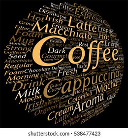 Vector concept conceptual creative hot coffee, cappuccino or espresso abstract word cloud isolated on background, metaphor to morning, restaurant, italian, beverage, cafeteria, break, energy or taste