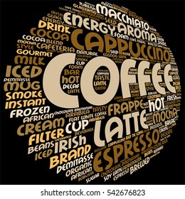 Vector concept conceptual creative hot coffee, cappuccino or espresso abstract word cloud isolated on background  metaphor to morning, restaurant, italian, beverage, cafeteria, break, energy or taste