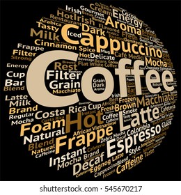 Vector concept conceptual creative hot coffee, cappuccino or espresso abstract word cloud isolated on background