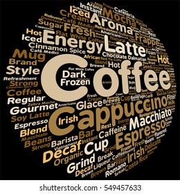 Vector concept conceptual creative hot coffee, cappuccino or espresso abstract word cloud isolated on background metaphor to morning, restaurant, italian, beverage, cafeteria, break, energy or taste
