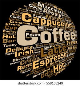 Vector concept conceptual creative hot coffee, cappuccino or espresso abstract word cloud isolated on background metaphor to morning, restaurant, italian, beverage, cafeteria, break, energy or taste