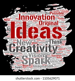 Vector concept or conceptual creative idea brainstorming paint brush paper word cloud isolated background. Collage of spark creativity original, innovation vision, think, achievement or smart genius