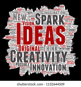 Vector concept or conceptual creative idea brainstorming paint brush paper word cloud isolated background. Collage of spark creativity original, innovation vision, think, achievement or smart genius