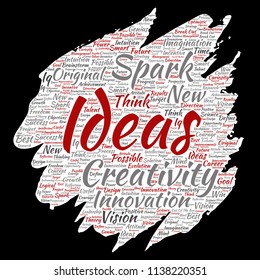 Vector concept or conceptual creative idea brainstorming paint brush paper word cloud isolated background. Collage of spark creativity original, innovation vision, think, achievement or smart genius