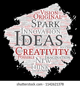 Vector concept or conceptual creative idea brainstorming paint brush paper word cloud isolated background. Collage of spark creativity original, innovation vision, think, achievement or smart genius