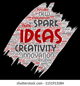 Vector concept or conceptual creative idea brainstorming paint brush paper word cloud isolated background. Collage of spark creativity original, innovation vision, think, achievement or smart genius