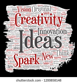 Vector concept or conceptual creative idea brainstorming paint brush paper word cloud isolated background. Collage of spark creativity original, innovation vision, think, achievement or smart genius