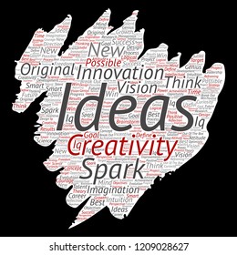 Vector concept or conceptual creative idea brainstorming paint brush paper word cloud isolated background. Collage of spark creativity original, innovation vision, think, achievement or smart genius