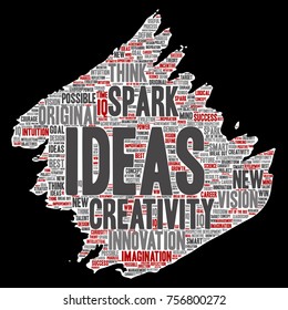 Vector concept or conceptual creative idea brainstorming paint brush paper word cloud isolated background. Collage of spark creativity original, innovation vision, think, achievement or smart genius