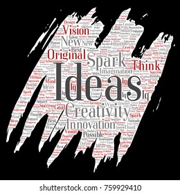 Vector concept or conceptual creative idea brainstorming paint brush paper word cloud isolated background. Collage of spark creativity original, innovation vision, think, achievement or smart genius