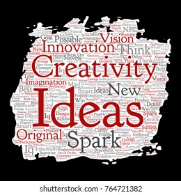 Vector concept or conceptual creative idea brainstorming paint brush paper word cloud isolated background. Collage of spark creativity original, innovation vision, think, achievement or smart genius