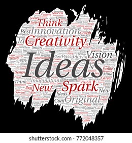 Vector concept or conceptual creative idea brainstorming paint brush paper word cloud isolated background. Collage of spark creativity original, innovation vision, think, achievement or smart genius