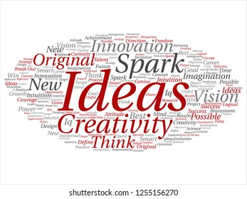 Vector concept or conceptual creative new idea brainstorming abstract word cloud isolated on background. Collage of spark creativity, original innovation vision, think, achievement, smart genius text