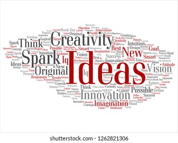 Vector concept or conceptual creative new idea brainstorming abstract word cloud isolated on background. Collage of spark creativity, original innovation vision, think, achievement, smart genius text