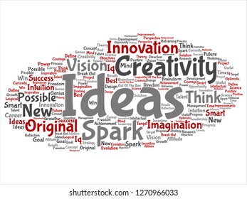 Vector concept or conceptual creative new idea brainstorming abstract word cloud isolated on background. Collage of spark creativity, original innovation vision, think, achievement, smart genius text