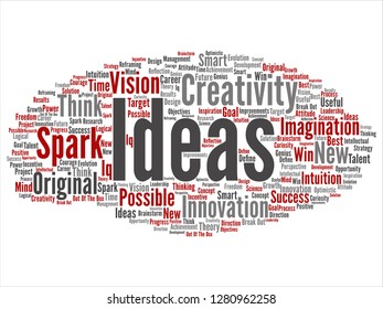 Vector concept or conceptual creative new idea brainstorming abstract word cloud isolated on background. Collage of spark creativity, original innovation vision, think, achievement, smart genius text