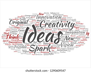 Vector concept or conceptual creative new idea brainstorming abstract word cloud isolated on background. Collage of spark creativity, original innovation vision, think, achievement, smart genius text