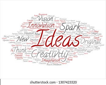 Vector concept or conceptual creative new idea brainstorming abstract word cloud isolated on background. Collage of spark creativity, original innovation vision, think, achievement, smart genius text