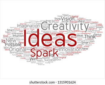 Vector concept or conceptual creative new idea brainstorming abstract word cloud isolated on background. Collage of spark creativity, original innovation vision, think, achievement, smart genius text