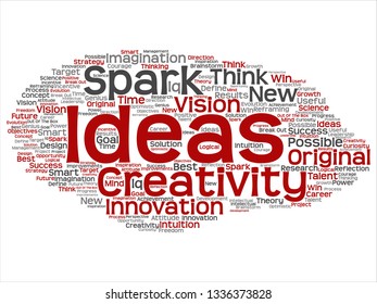 Vector concept or conceptual creative new idea brainstorming abstract word cloud isolated on background. Collage of spark creativity, original innovation vision, think, achievement, smart genius text