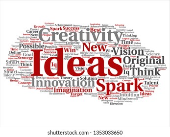 Vector concept or conceptual creative new idea brainstorming abstract word cloud isolated on background. Collage of spark creativity, original innovation vision, think, achievement, smart genius text