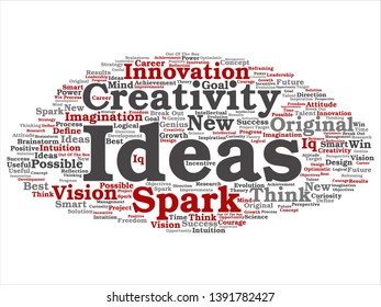 Vector concept or conceptual creative new idea brainstorming abstract word cloud isolated on background. Collage of spark creativity, original innovation vision, think, achievement, smart genius text
