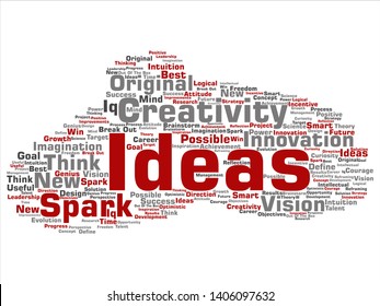 Vector concept or conceptual creative new idea brainstorming abstract word cloud isolated on background. Collage of spark creativity, original innovation vision, think, achievement, smart genius text
