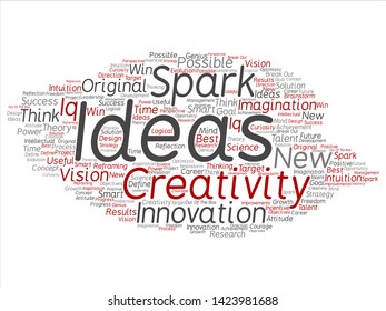 Vector concept or conceptual creative new idea brainstorming abstract word cloud isolated on background. Collage of spark creativity, original innovation vision, think, achievement, smart genius text