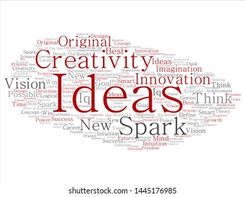 Vector concept or conceptual creative new idea brainstorming abstract word cloud isolated on background. Collage of spark creativity, original innovation vision, think, achievement, smart genius text
