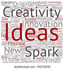 Vector concept or conceptual creative new ideas or brainstorming square word cloud isolated on background metaphor to spark, creativity, original, innovation, vision, think, achievement, smart genius