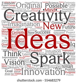 Vector concept or conceptual creative new ideas or brainstorming square word cloud isolated on background metaphor to spark, creativity, original, innovation, vision, think, achievement, smart genius