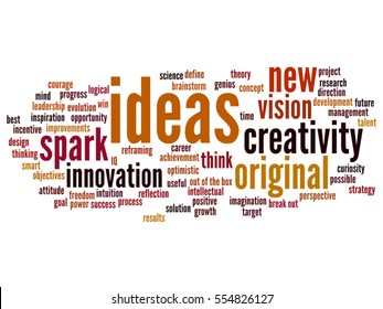 Vector concept conceptual creative new ideas or brainstorming abstract word cloud isolated on background metaphor to spark, creativity, original, innovation, vision, think, achievement, smart genius