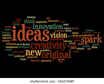 Vector concept conceptual creative new ideas or brainstorming abstract word cloud isolated on background  metaphor to spark, creativity, original, innovation, vision, think, achievement, smart genius