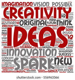 Vector concept or conceptual creative new ideas or brainstorming square word cloud isolated on background metaphor to spark, creativity, original, innovation, vision, think, achievement, smart genius