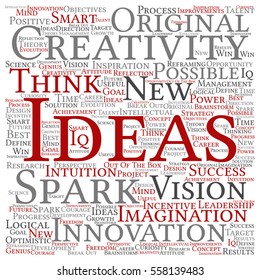 Vector concept or conceptual creative new ideas or brainstorming square word cloud isolated on background  metaphor to spark, creativity, original, innovation, vision, think, achievement, smart genius