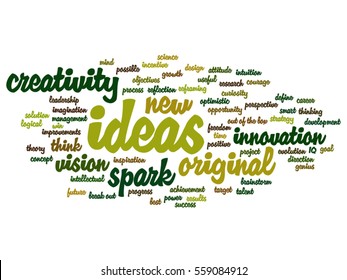 Vector concept conceptual creative new ideas or brainstorming abstract word cloud isolated on background metaphor to spark, creativity, original, innovation, vision, think, achievement, smart genius