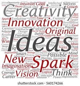 Vector concept or conceptual creative new ideas or brainstorming square word cloud isolated on background metaphor to spark, creativity, original, innovation, vision, think, achievement, smart genius