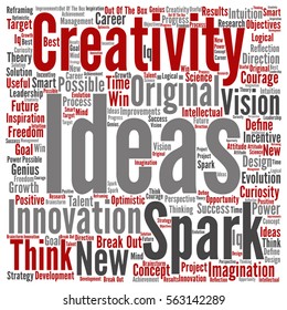 Vector concept or conceptual creative new ideas or brainstorming square word cloud isolated on background metaphor to spark, creativity, original, innovation, vision, think, achievement, smart genius