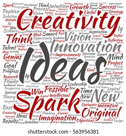 Vector concept or conceptual creative new ideas or brainstorming square word cloud isolated on background metaphor to spark, creativity, original, innovation, vision, think, achievement, smart genius